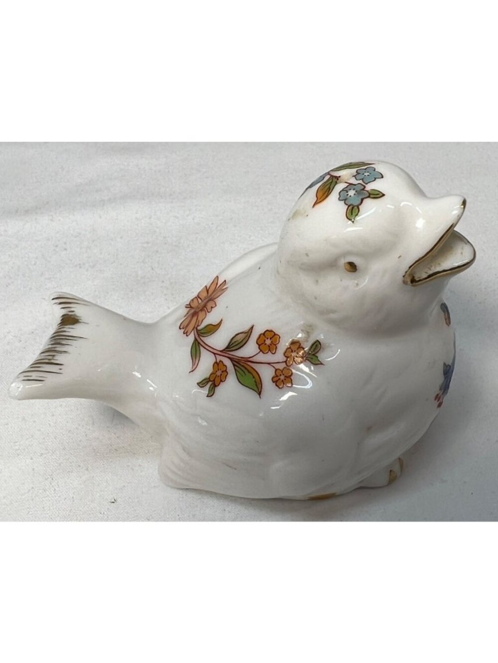 Vintage Hand-Painted Porcelain Bird Figurine With Floral Design White Salt Shake